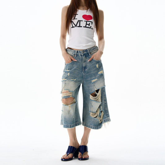 Washed Distressed Wide Leg Shorts