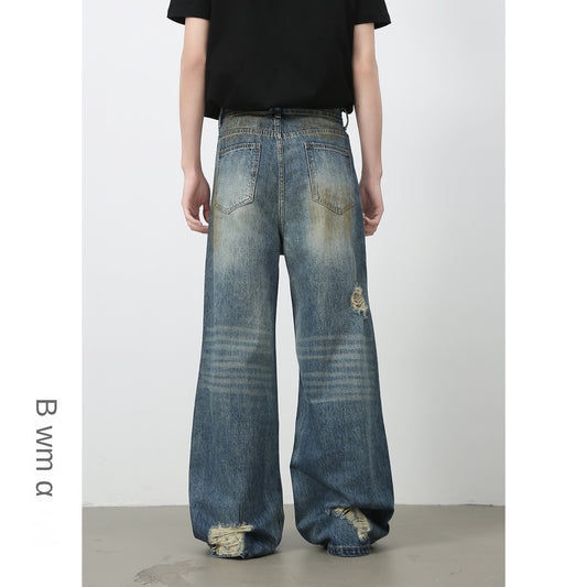 Harajuku Style Distressed Denim Wide-Leg Trousers for Men