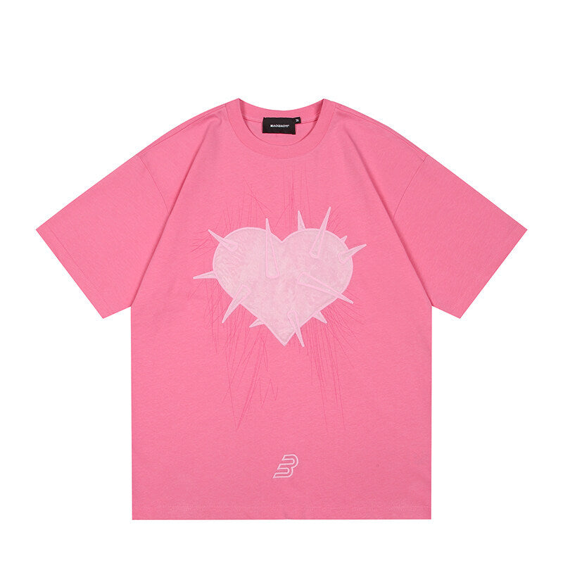 Harajuku Style Water Washed Plush Heart Loose T-Shirt
