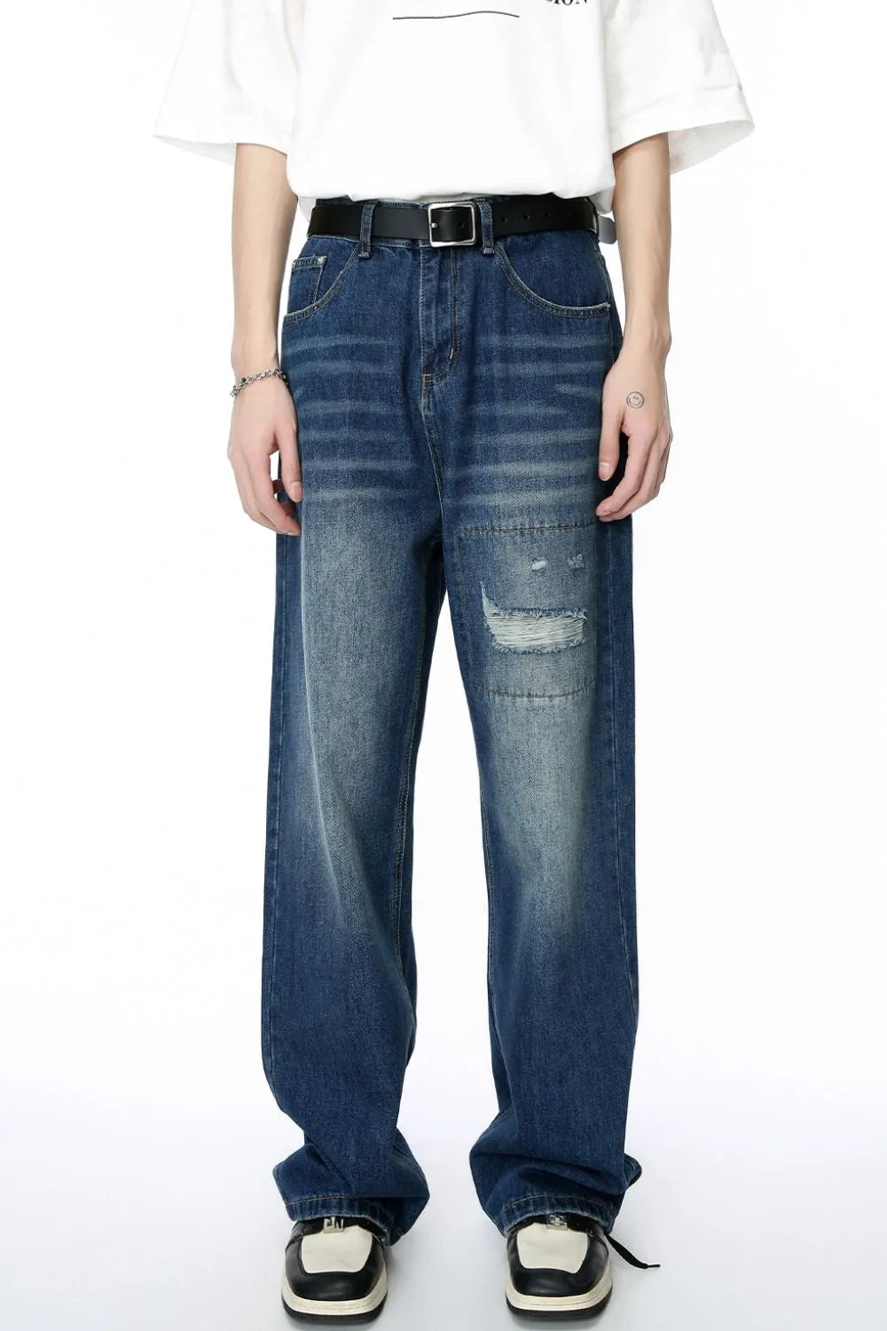 Men's Distressed Applique Straight Jeans - Harajuku Style
