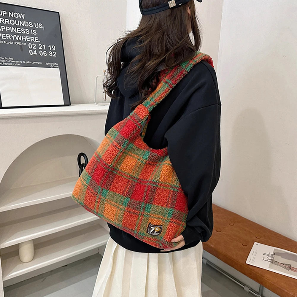 Harajuku Style Plush Lamb Wool Handbag - Vintage Tote