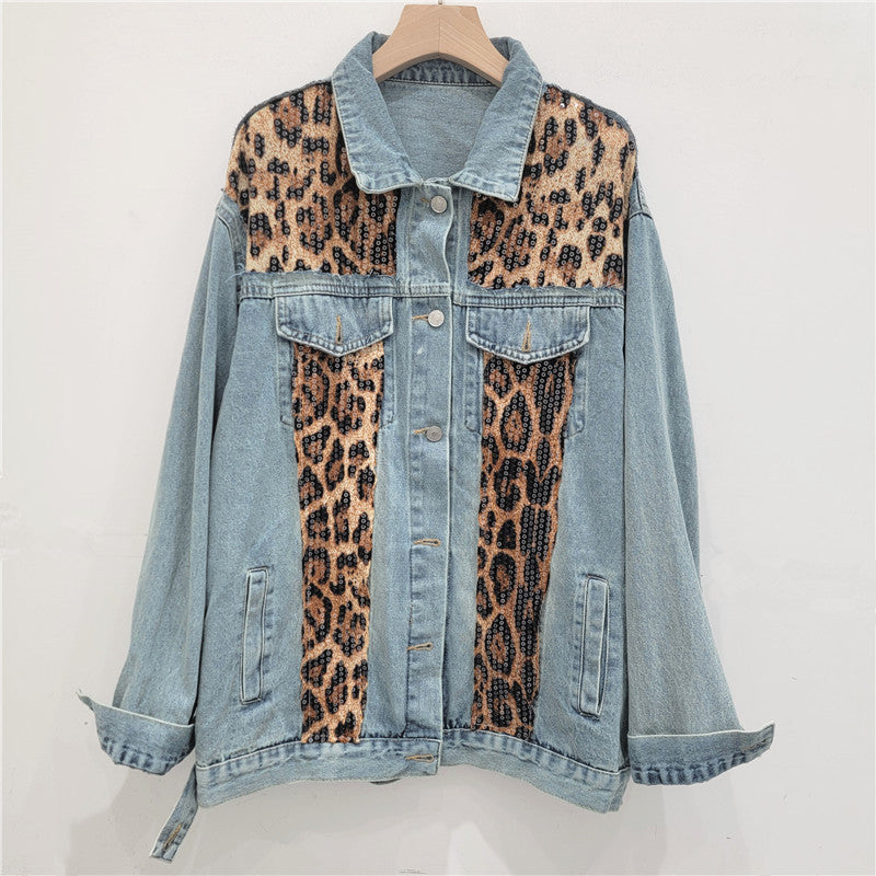 Retro Leopard Print Sequin Denim Jacket