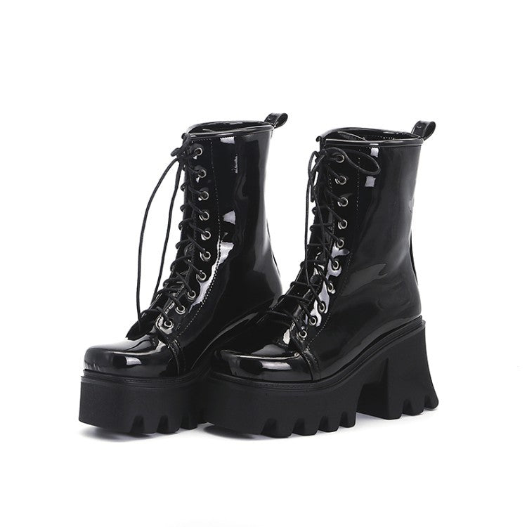 Harajuku-Inspired Thick Heel Lace-Up Short Boots