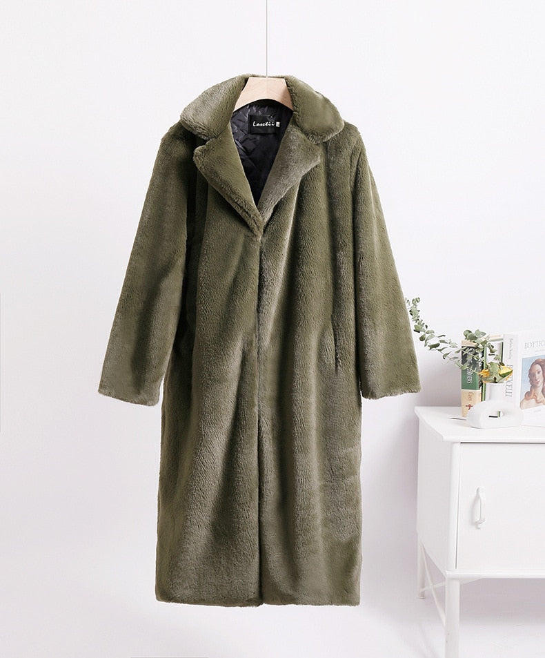 Mid-Length Mink Velvet Faux Fur Coat with Furry Collar