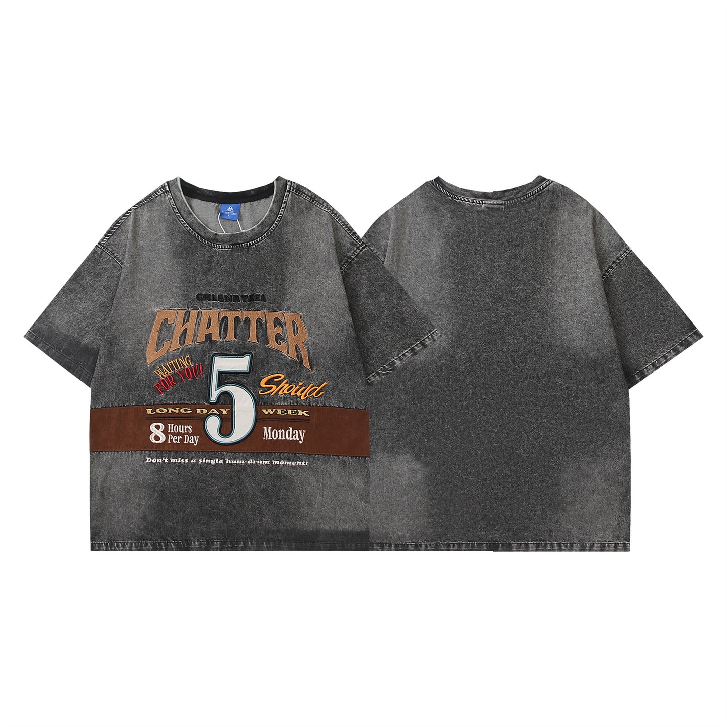 Harajuku Style Washed Letter Embroidery Denim T-Shirt