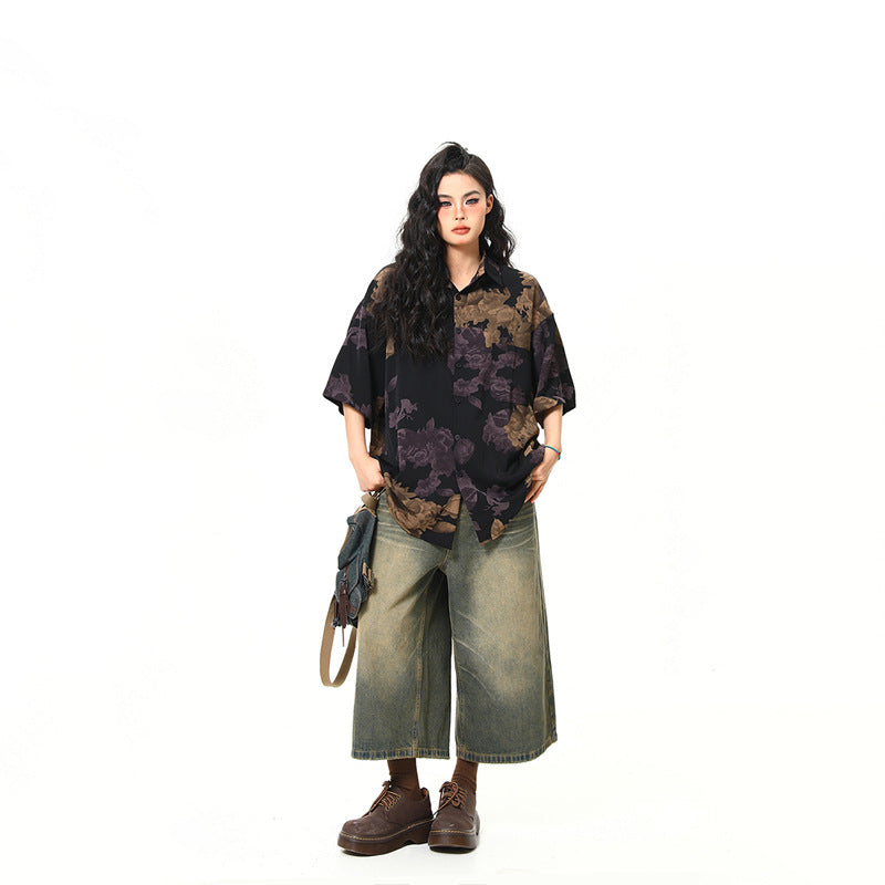 Retro Floral Short Sleeved Shirt for Women