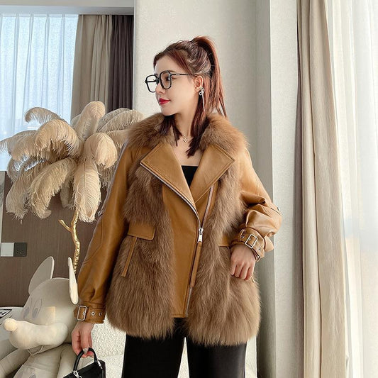 Faux Fox Fur Leather Jacket - Harajuku Style