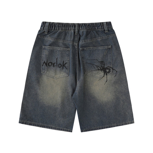 Unique Spider Print Denim Shorts for Men - Harajuku Style