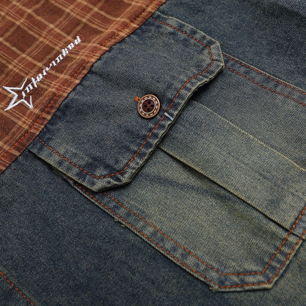 Punk Vintage Washed Denim Shirt with Color Block Plaid Collar