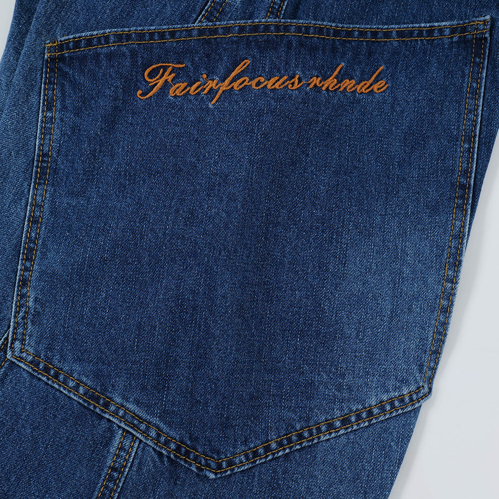 Embroidered Loose Fit Denim Trousers - Harajuku Style