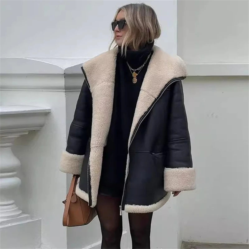Playful Cashmere Collar Leather Jacket for Women