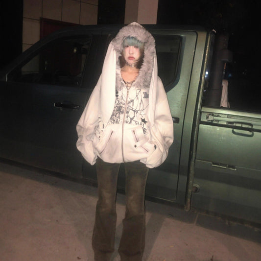 Fur Collar Rabbit Ear Hoodie for Women