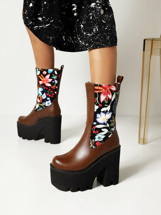 Knitted Embroidered Ethnic Mid-Calf Boots