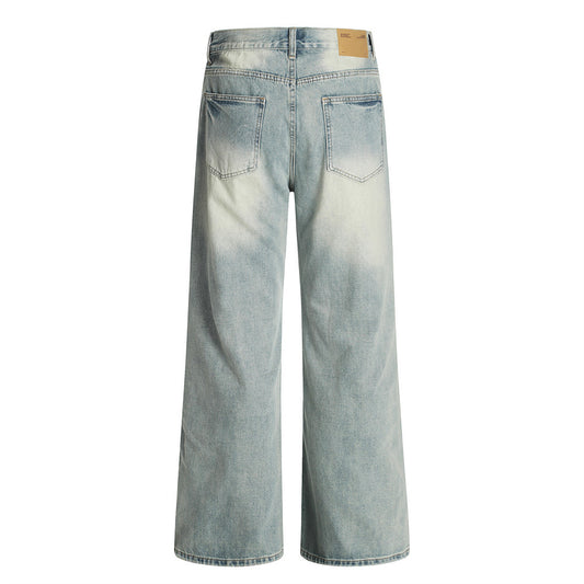 Harajuku Style Washed Denim Trousers - Men's Faded White Wide-Leg Pants