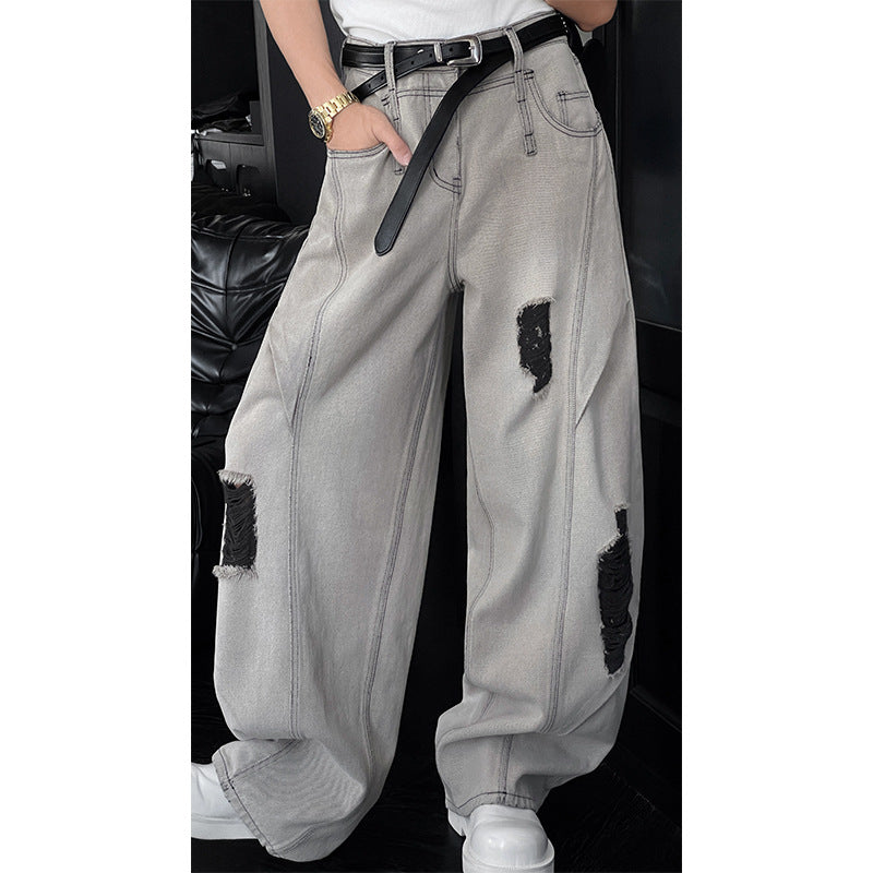 Washed Ripped Denim Wide Leg Pants