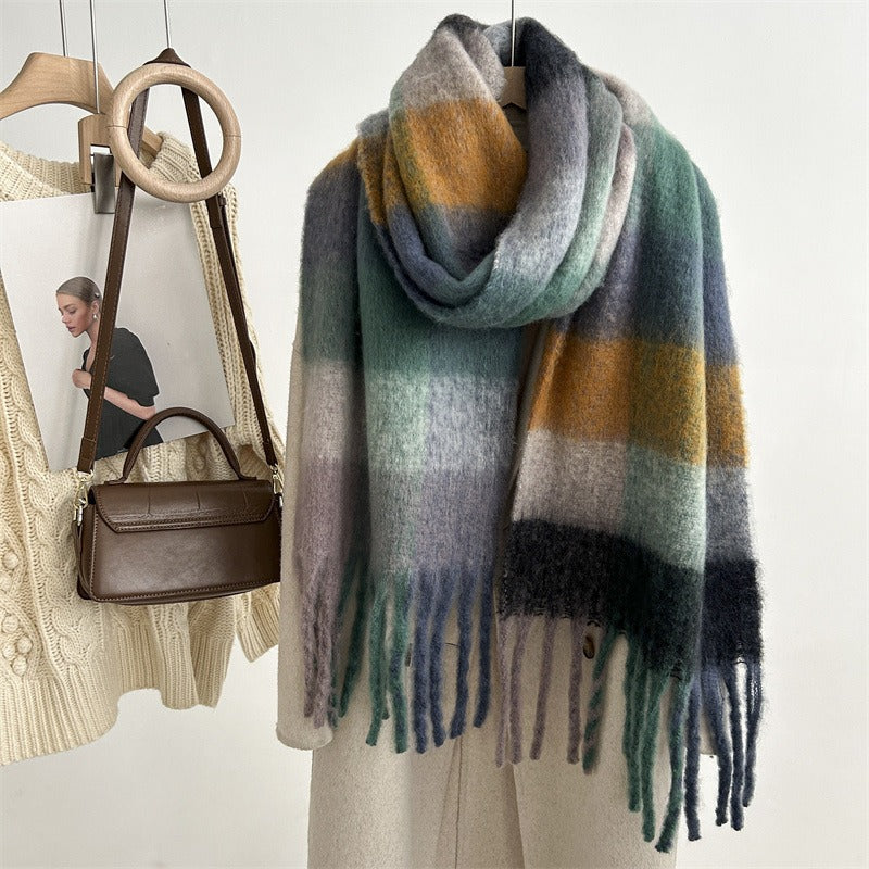 Harajuku-Inspired Mohair Plaid Scarf with Tassels