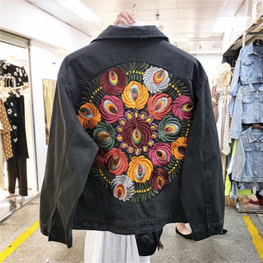 Vintage Floral Embroidery Denim Jacket - Harajuku Style
