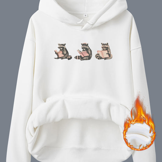 Hooded Long Sleeve Fleece Hoodie with Kangaroo Pocket and Raccoon Print
