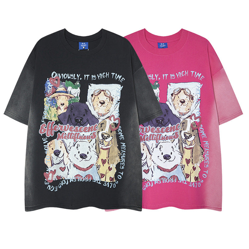 Playful Happy Dog Pattern Short Sleeve T-Shirt