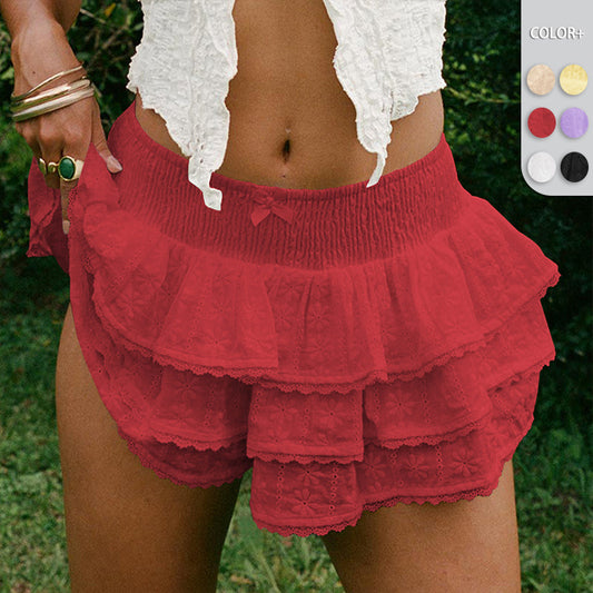 Playful Bow Lace Trim Tiered Skirt - Aesthetic Slimming Short Skirt