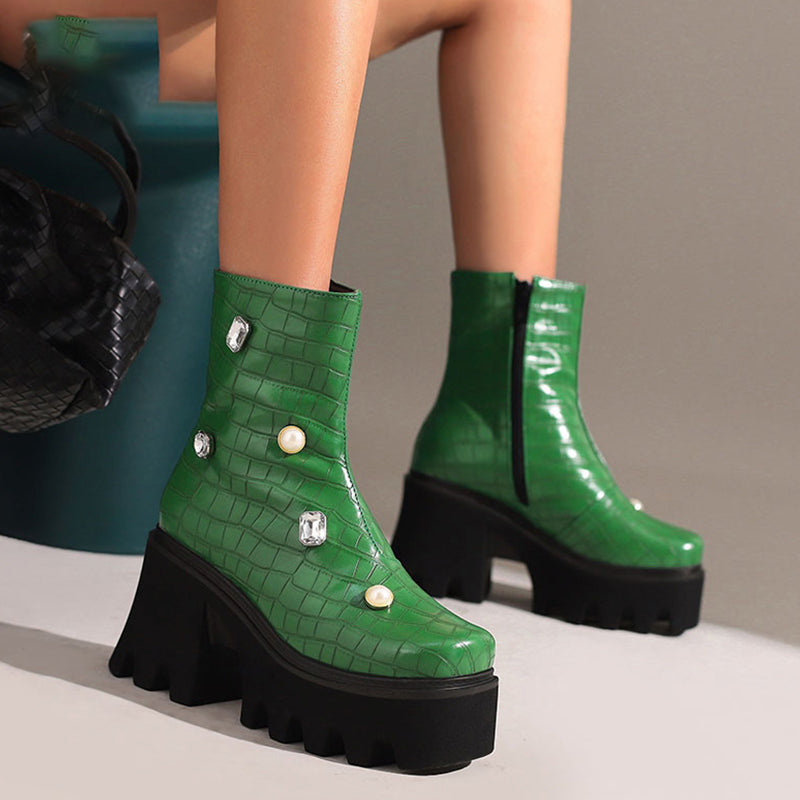 Rhinestone Thick Bottom Boots - British Style