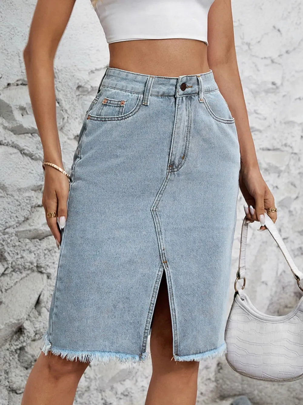 Trendy Raw Hem Slit Denim Skirt - Harajuku Style