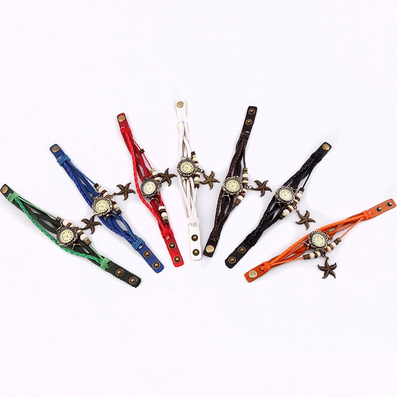 Lady Starfish Retro Bracelet Watch - Genuine Leather Wrap