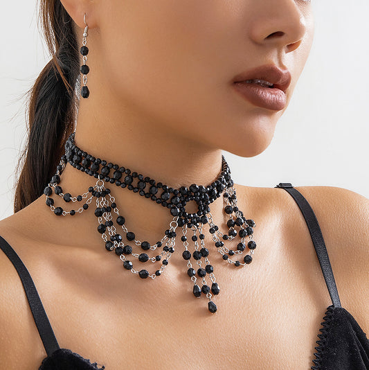 Gothic Beaded Crystal Choker & Earrings Set