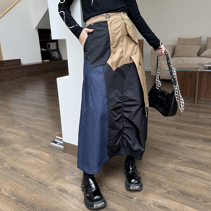 Retro Patchwork Denim High Waisted Skirt for Playful Fashion