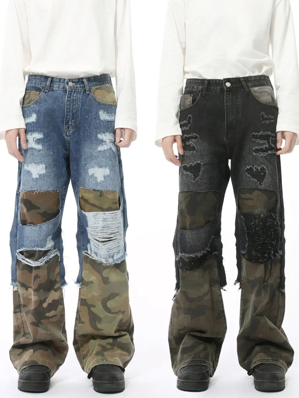 Distressed Camouflage Patchwork Jeans - Harajuku Style