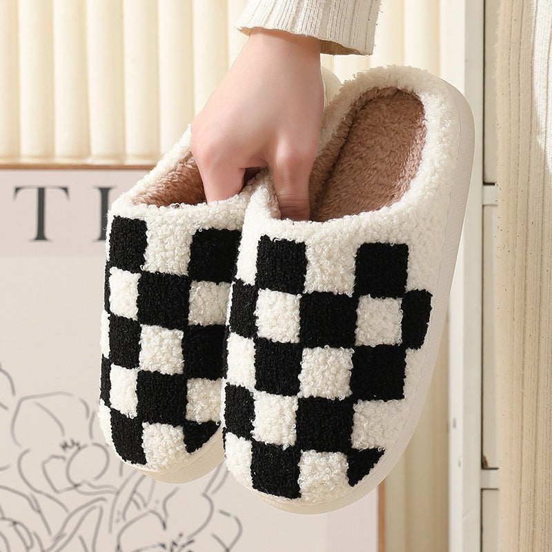 New Winter Checkerboard Cotton Slippers
