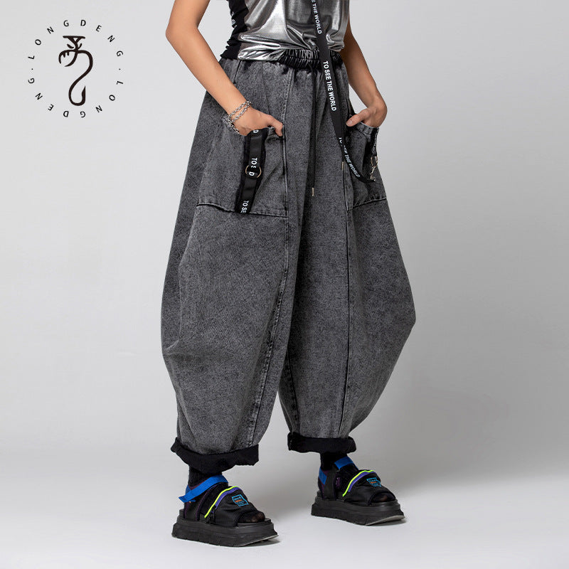 Harajuku Style Wide-Leg Tide Jeans with Webbing