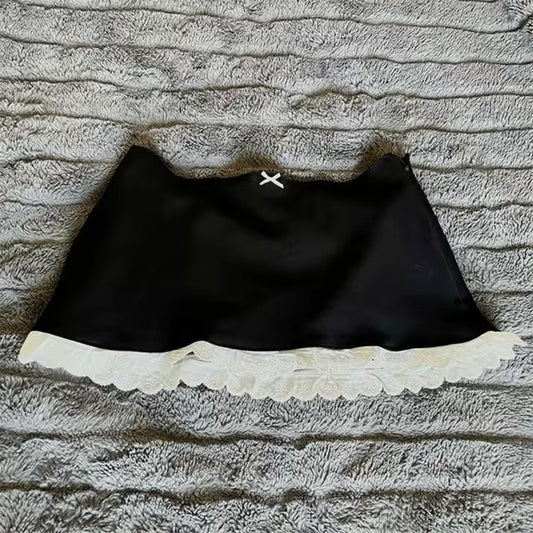 Elastic Waist Lace Short Skirt with Ribbon Bow Design