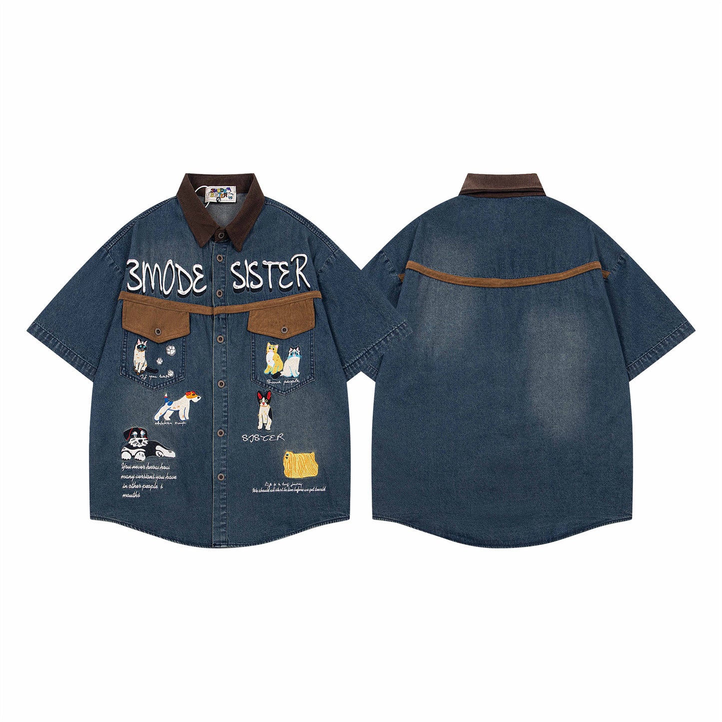 Retro Colorblock Cartoon Embroidery Denim Shirt - Unisex