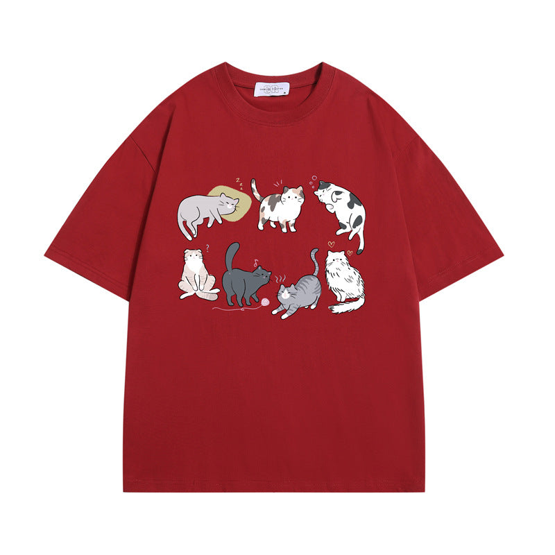 Cartoon Cat Print Casual Short Sleeves