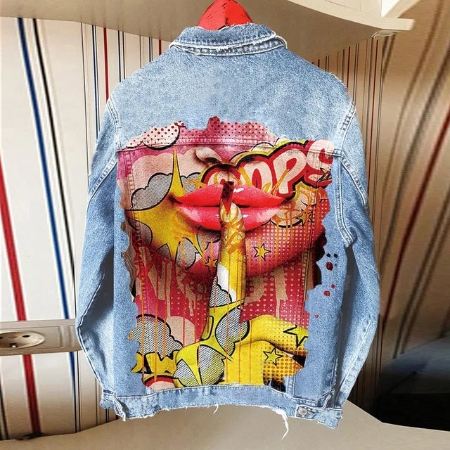 Playful Tongue Out Print Denim Jacket