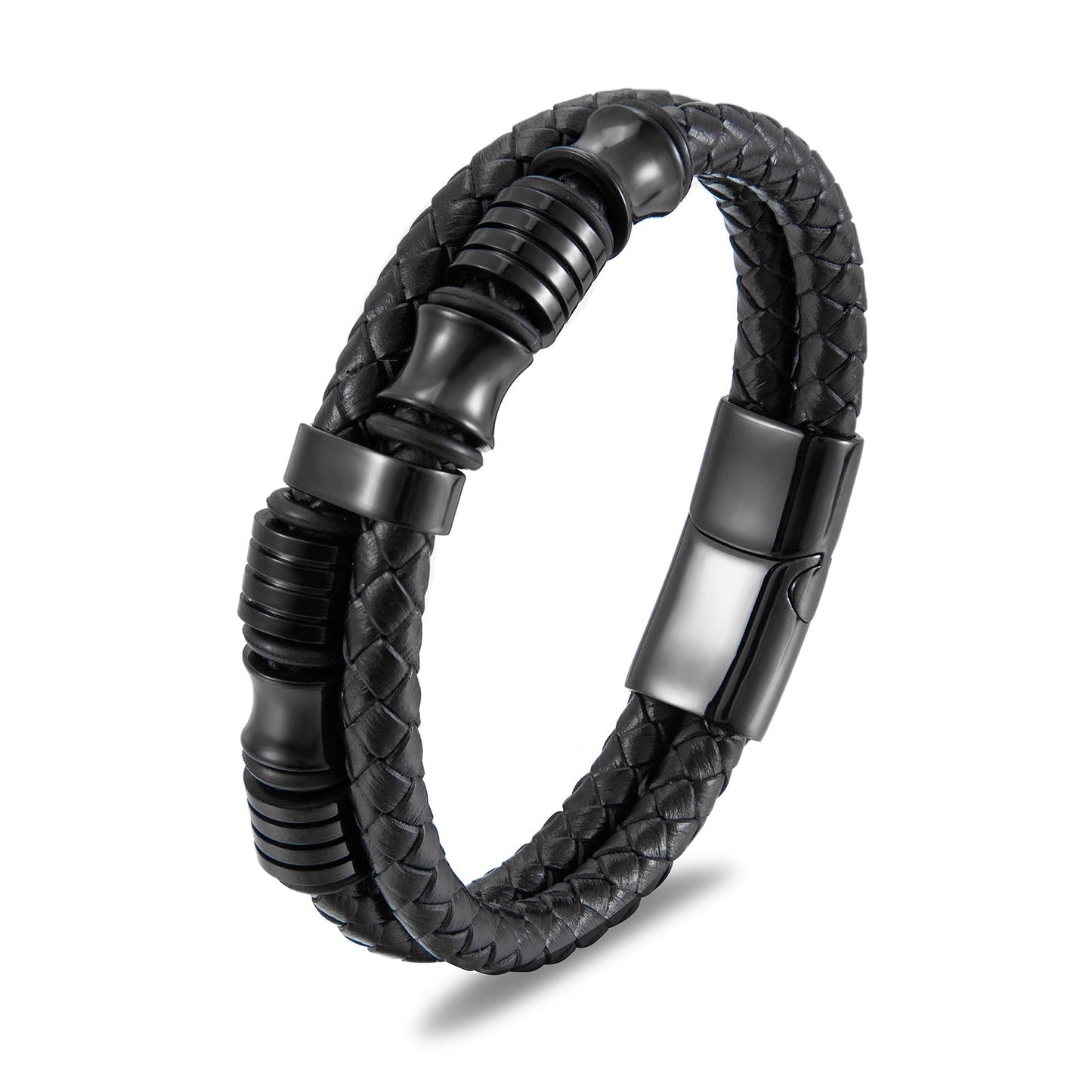 Bold Black Leather & Stainless Steel Men's Bracelet