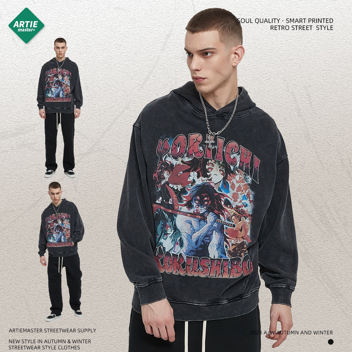 Retro Thin Hoodie with Distressed Wash and Snowflake Design