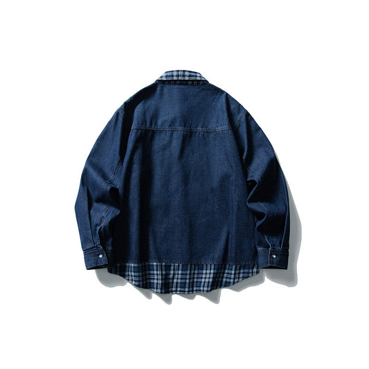 Color Block Plaid Patchwork Denim Shirt - Harajuku Style