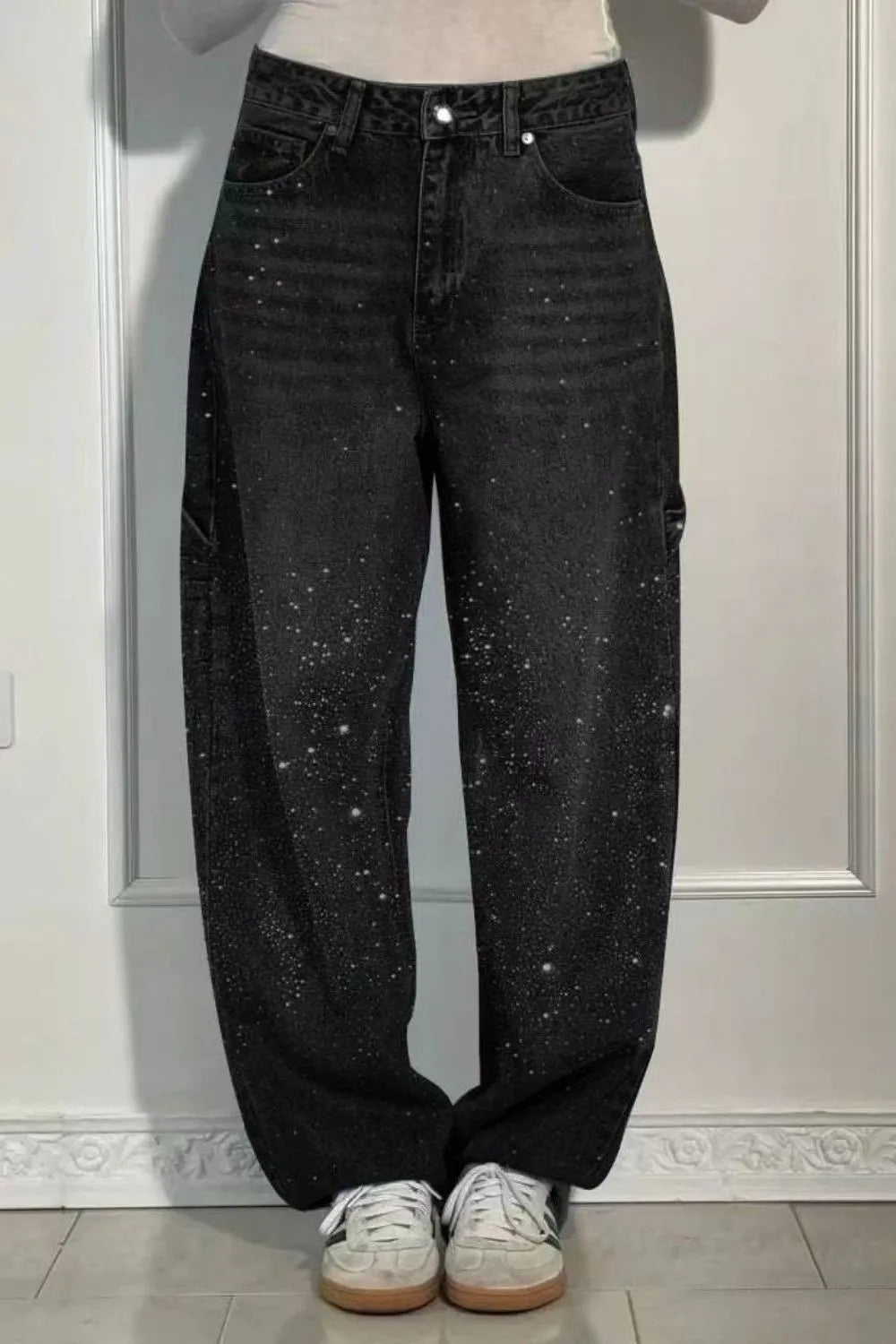 Plus Size Washed Rhinestone Detail Wide Leg Jeans