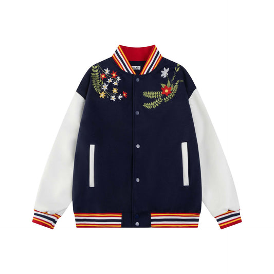 Spliced Floral Embroidered Baseball Jacket