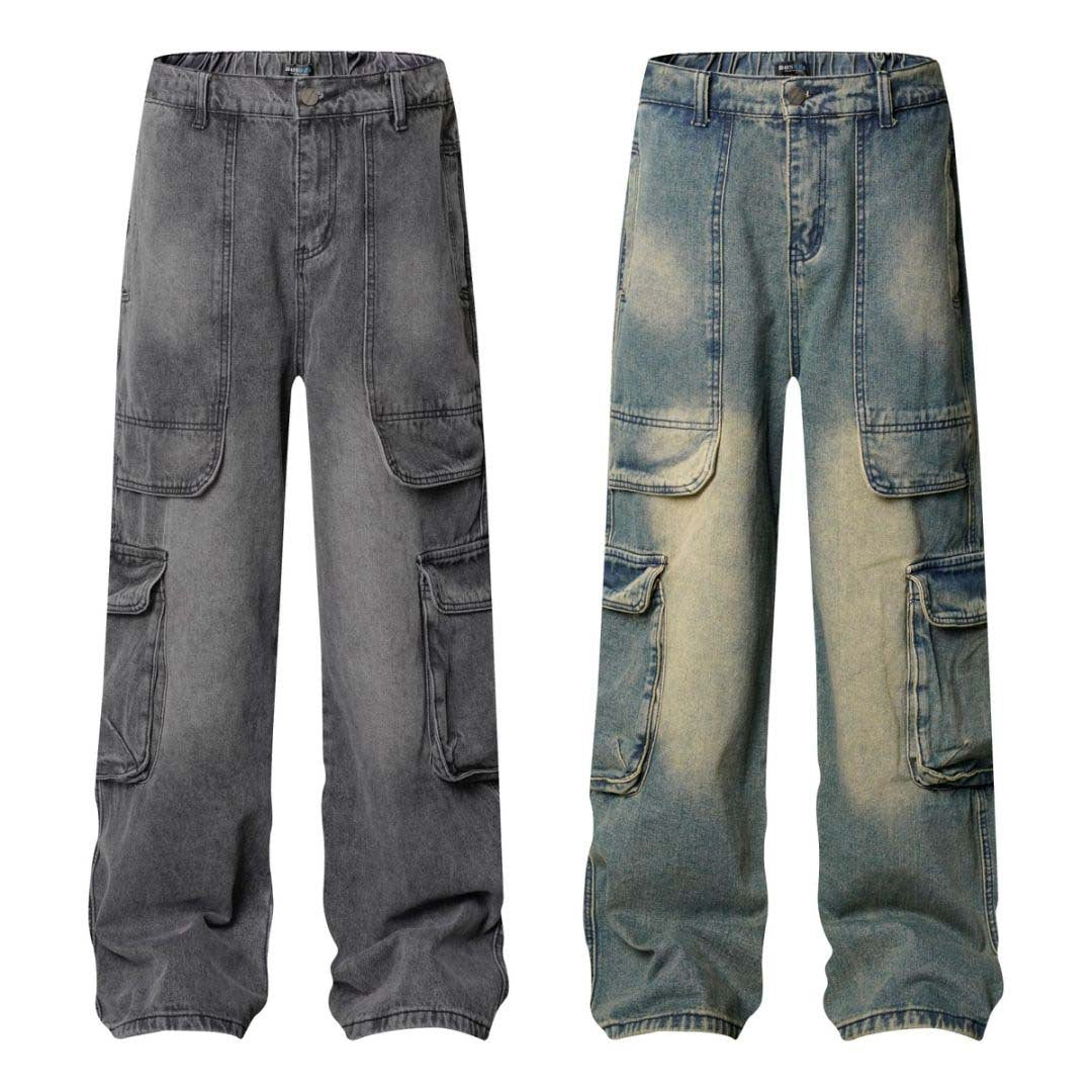 High Street Washed Vintage Multi-Pocket Denim Work Pants