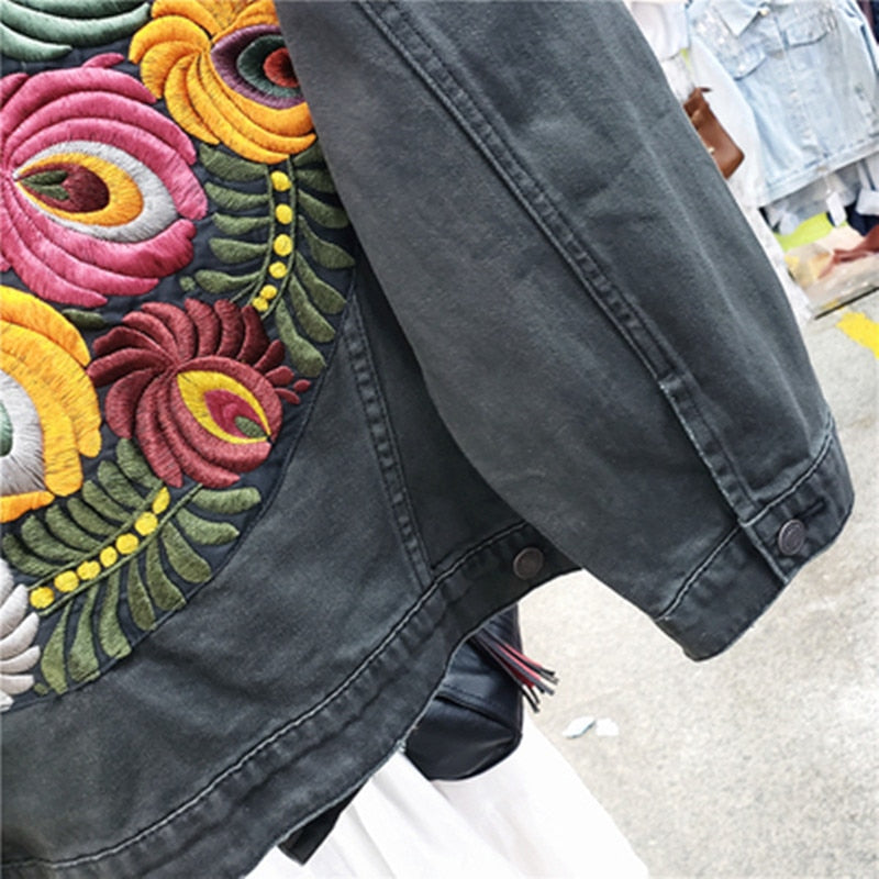 Vintage Floral Embroidery Denim Jacket - Harajuku Style