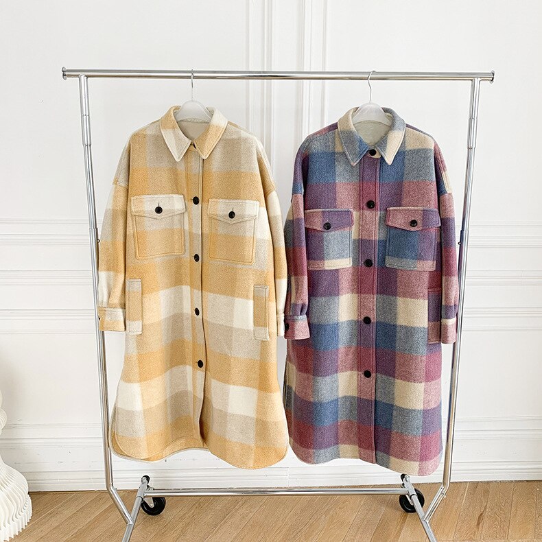 Harajuku Color Stitching Plaid Mid-Length Coat