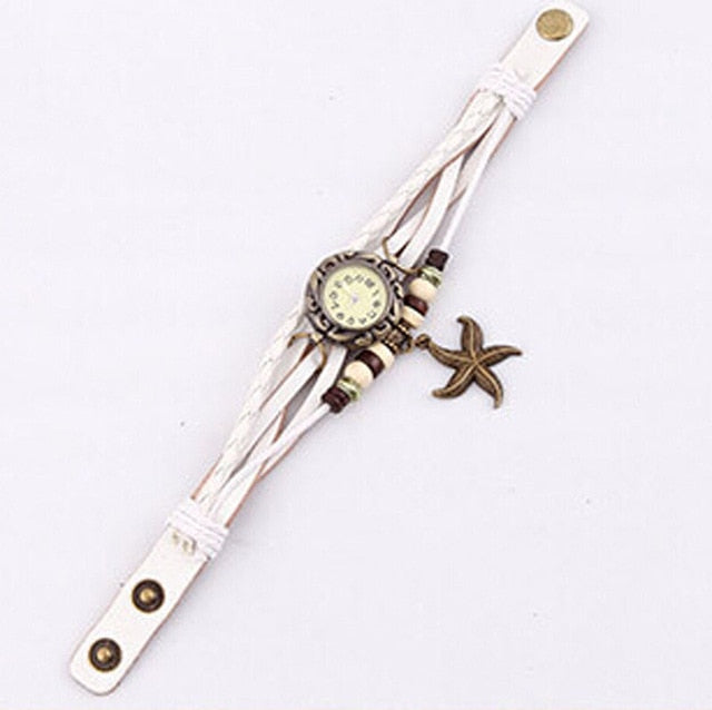 Lady Starfish Retro Bracelet Watch - Genuine Leather Wrap