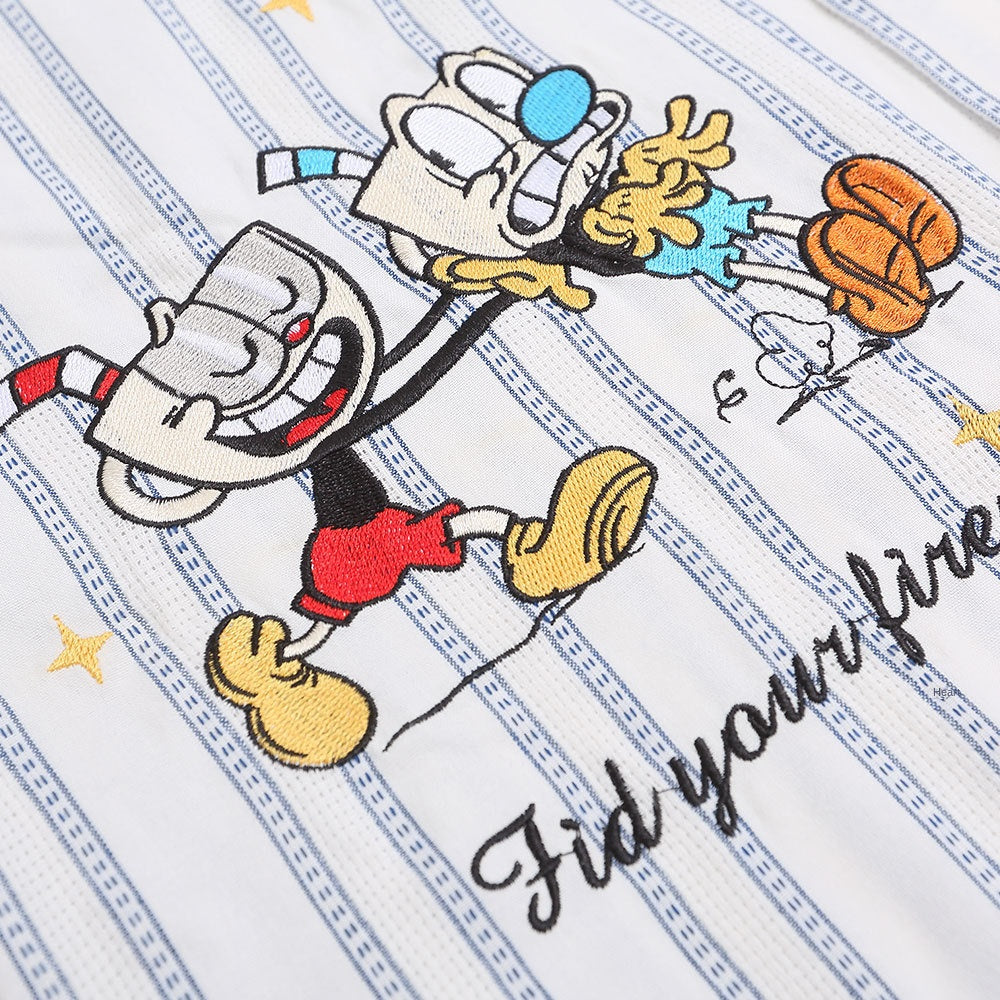 Playful Cartoon Striped Embroidery Shirt for Men