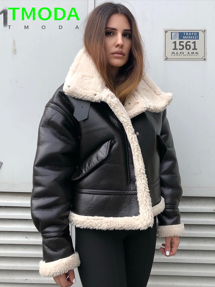 Chic Women’s Faux Leather Shearling Jacket - Harajuku Style