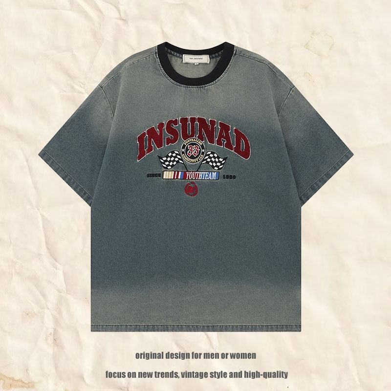 Harajuku-Inspired Letter Embroidery Gradient T-Shirt