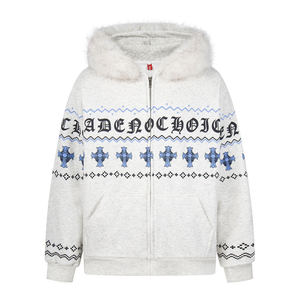 Sanskrit Cross Print Fur Collar Hooded Jacket with Fleece