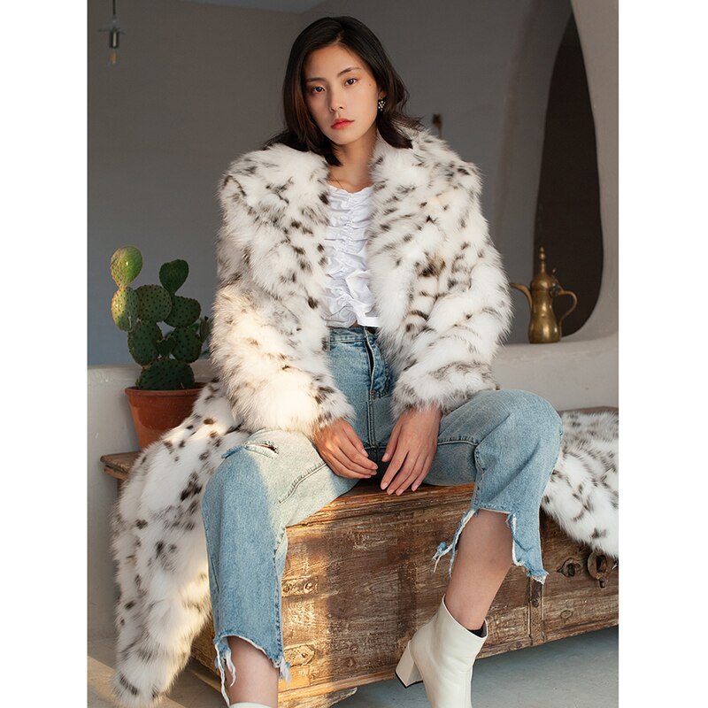 Harajuku Style Long Black Dot Leopard Print Fur Coat
